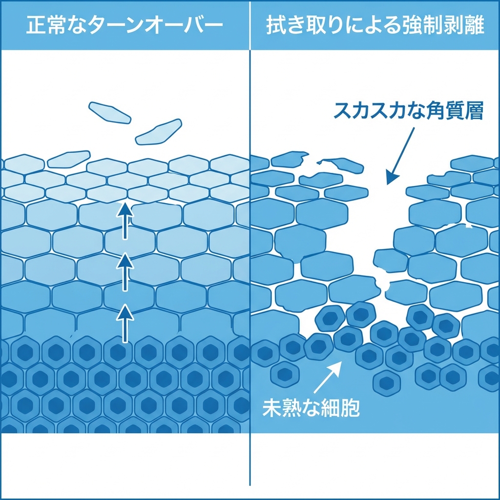 正常なターンオーバーと拭き取りによる強制剥離の比較図解