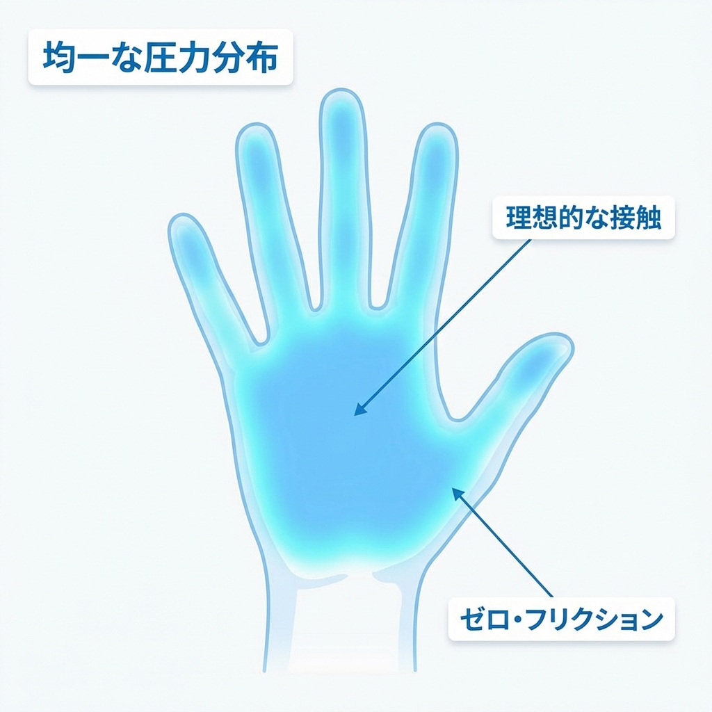 手のひらの圧力が均一に分散されるヒートマップ図解