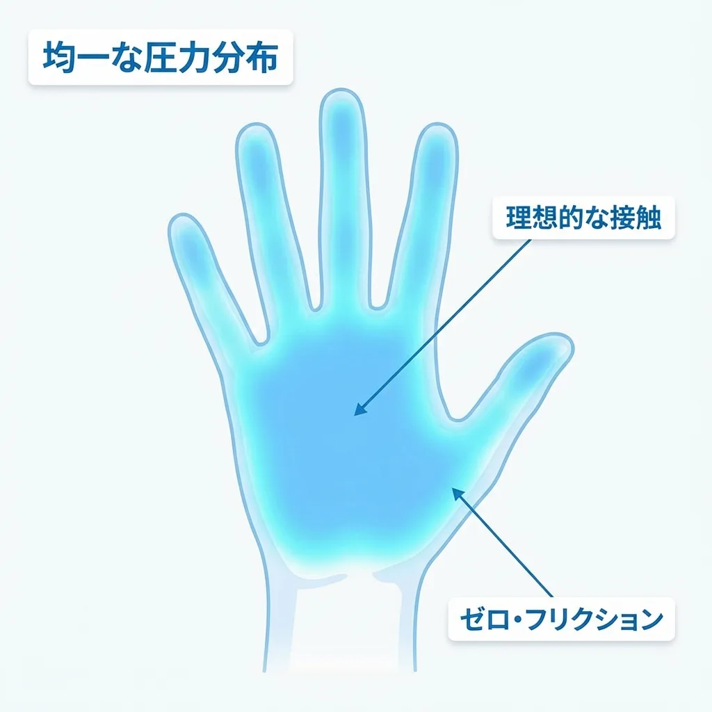 手のひらの圧力が均一に分散されるヒートマップ図解